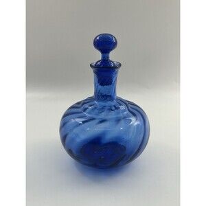 Hand-Blown Cobalt Blue Art Glass Decanter w/ Stopper Swirl Pattern, 6.5” Tall